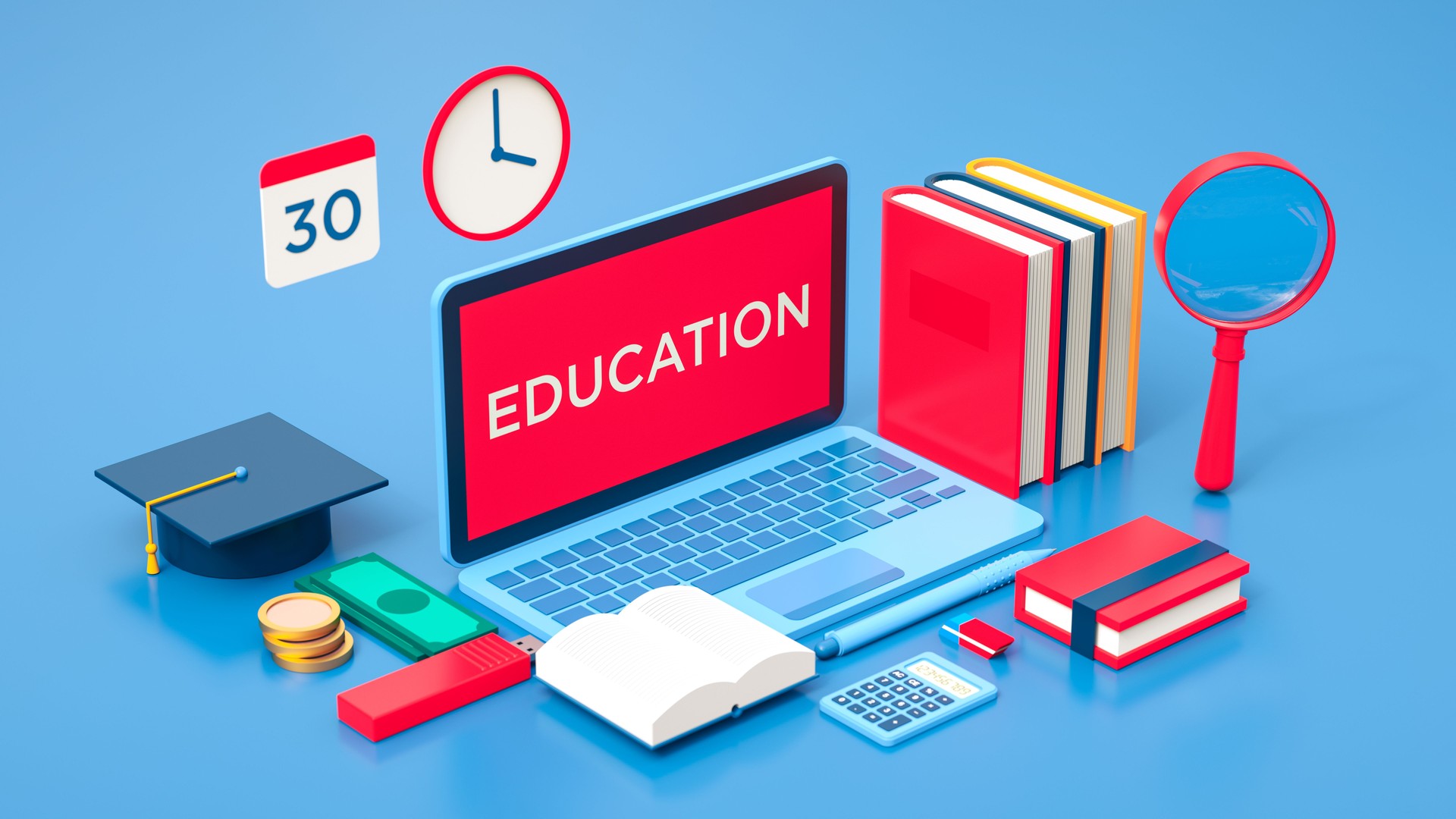 3D illustration of a laptop with EDUCATION text, surrounded by academic symbols like a graduation cap, books, and clock. Isometric view, blue background, vibrant colors, modern style, and digital learning theme.