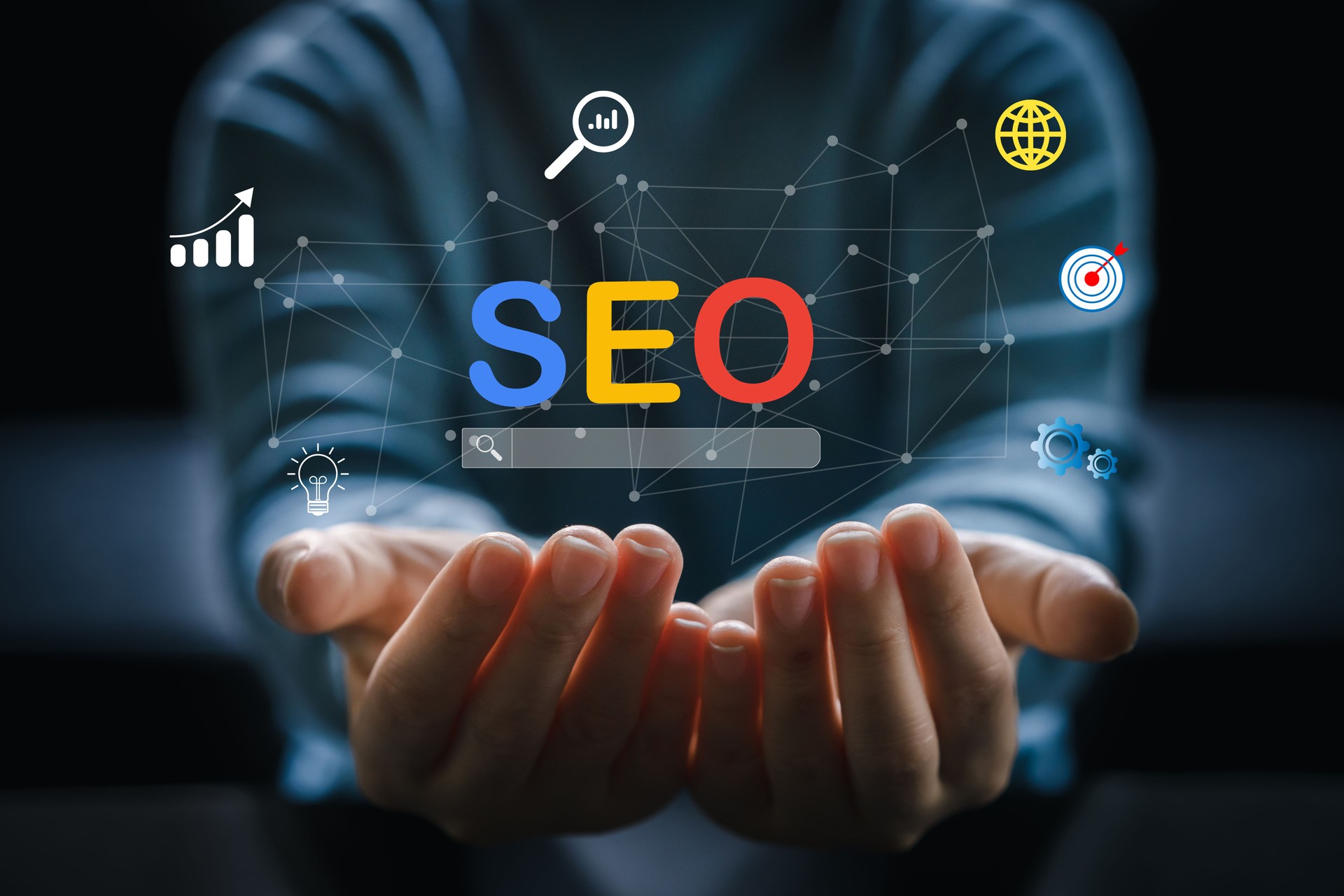 Human holding with Search engine optimization SEO networking concept, Searching browsing Internet data Information, Marketing, website, analysis, traffic ranking, optimization website